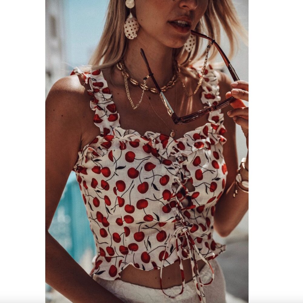 Reformation Cherry Print Crop Top - Red and White